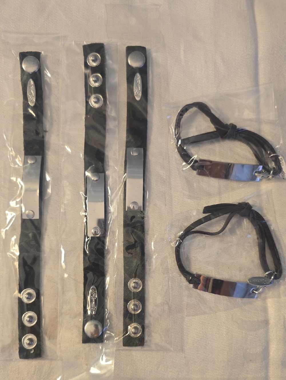 5 Black Men's Leather ID Bracelet with Silver Plate New